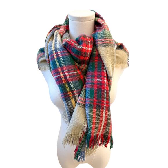 Oversized Plaid Blanket Scarf Shawl Wrap Red Green Tartan Fringe Winter Cozy - Picture 1 of 6